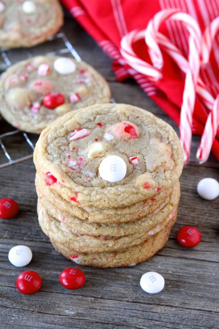  A stack of White Chocolate Peppermint M&M Cookies