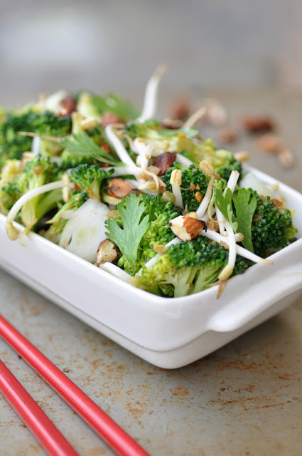 Close up of Asian Broccoli Salad in a bowl 