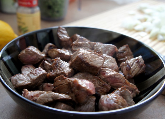Cubed steaks in a pan