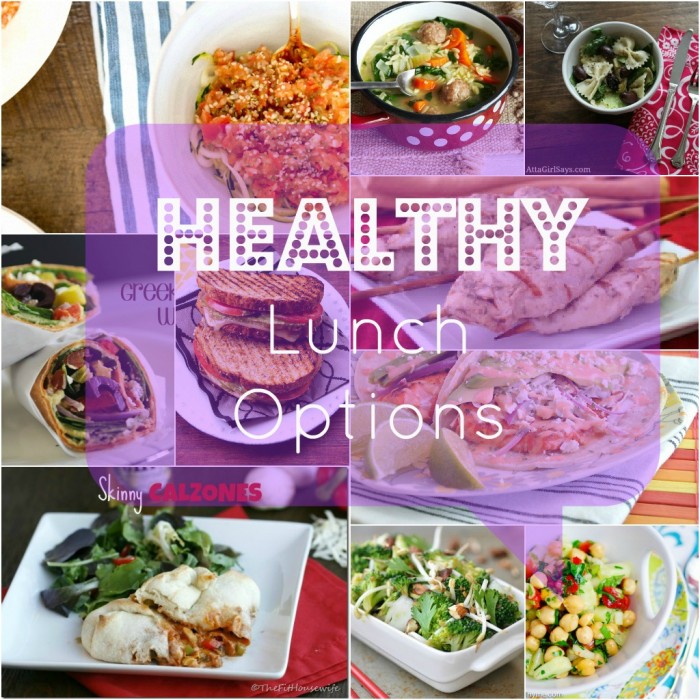 A grid of food pictures with the title \"Healthy Lunch Options\"