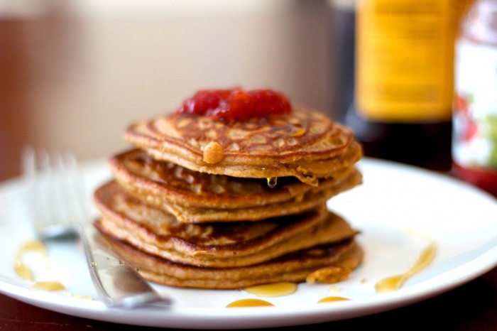 A stack of pancakes with syrup