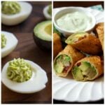 Two pictures. Left: Deviled eggs with an avocado based filling. Right: A close up of a plate with egg rolls stuffed with avocado