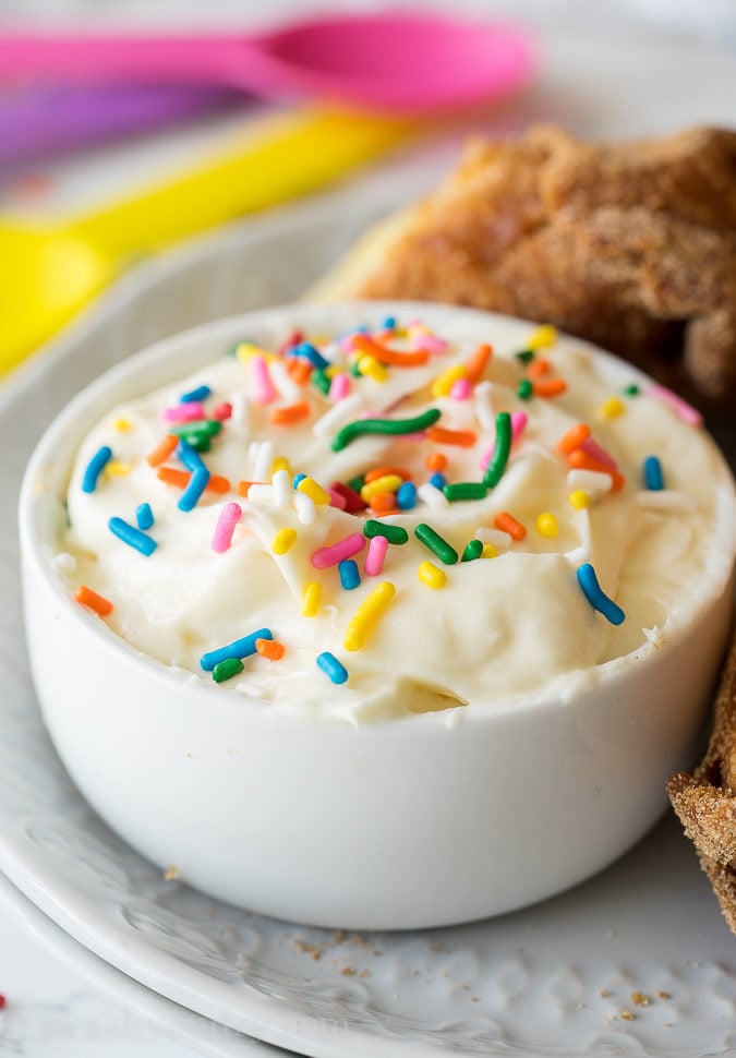 The creamiest frosting to dip your Birthday Cake Egg Rolls in!