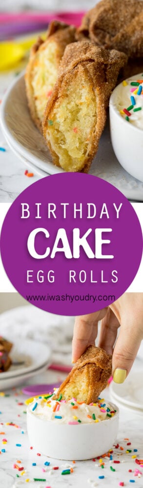 These Birthday Cake Egg Rolls are so fun! They taste like a giant churro that's been stuffed with birthday cake! YUM!