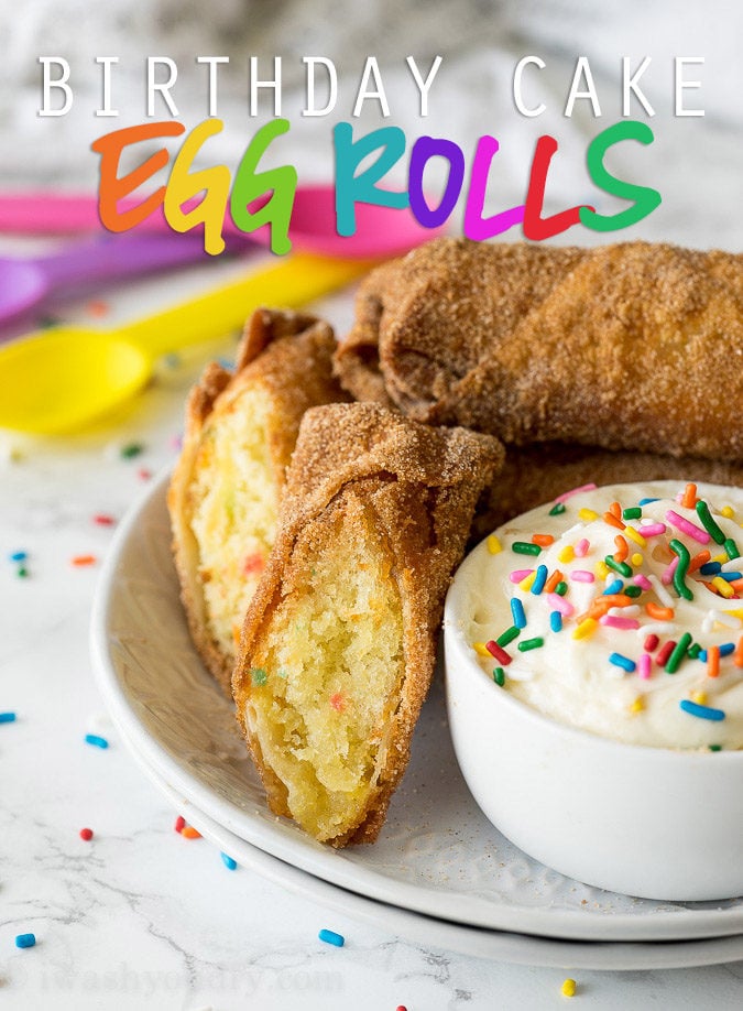 These Birthday Cake Egg Rolls are so fun! They taste like a giant churro that's been stuffed with birthday cake! YUM!