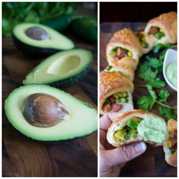 Two pictures. Left: 3 halves of an avocado. Right: a close up of a roll stuffed with avocado meat and veggies