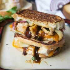 A close up of BBQ Chicken Grilled Cheese Sandwich