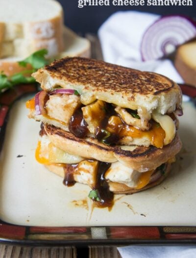 A close up of BBQ Chicken Grilled Cheese Sandwich