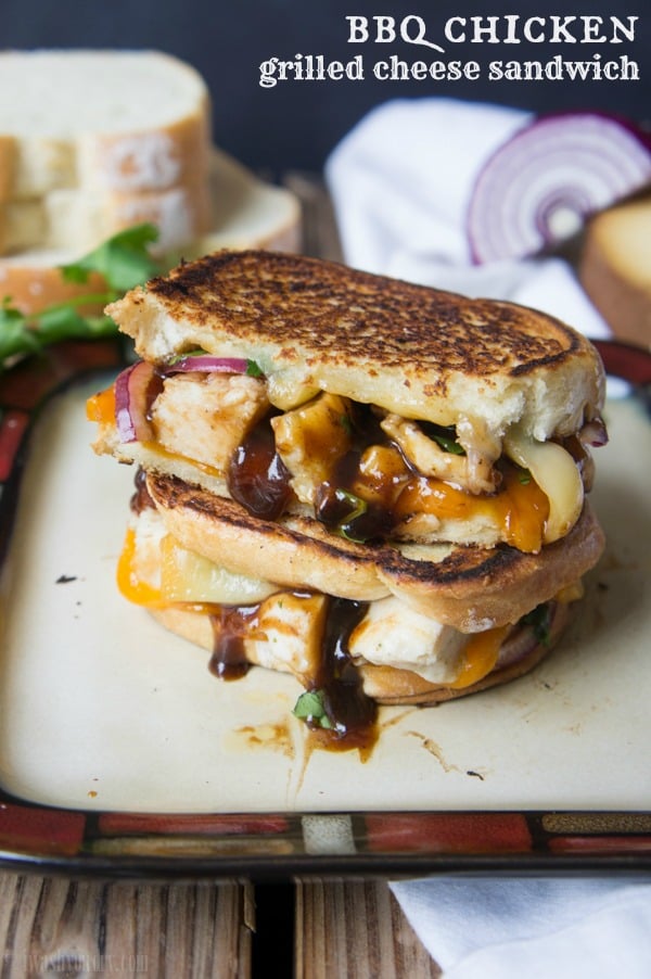A close up of BBQ Chicken Grilled Cheese Sandwich 