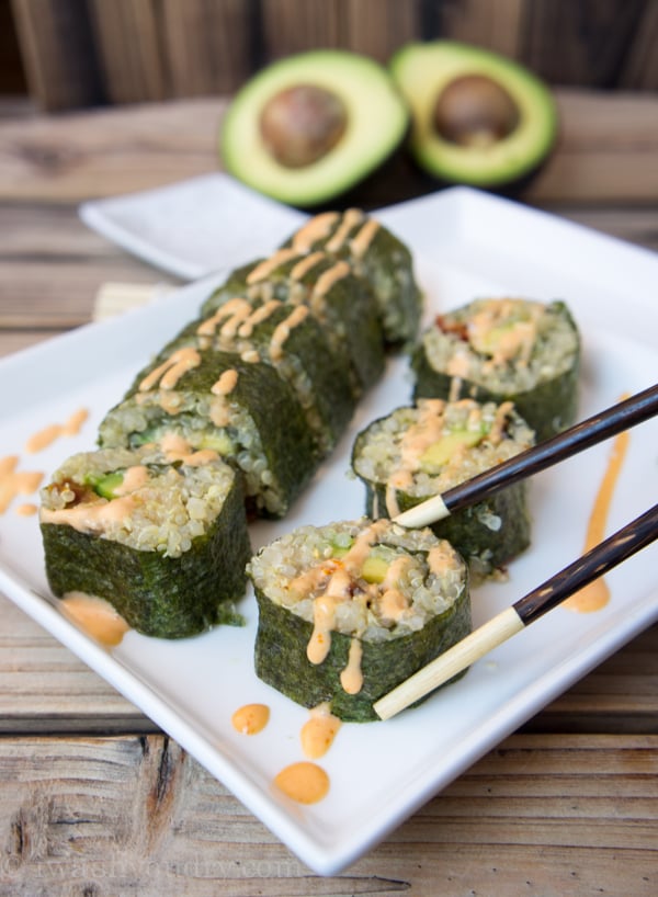 Quinoa and Avocado Sushi Rolls (with sun dried tomatoes and bacon)