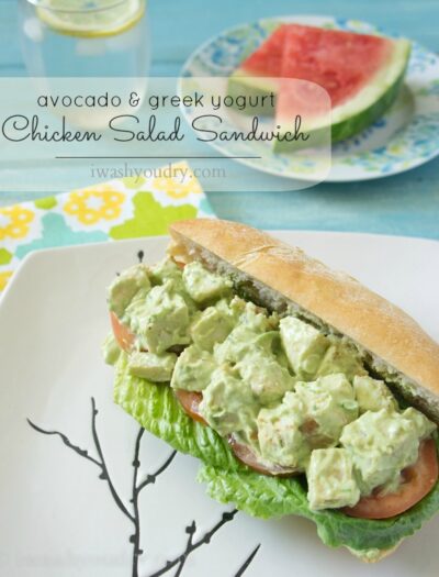 An Avocado and Greek Yogurt Chicken Salad Sandwich on a plate