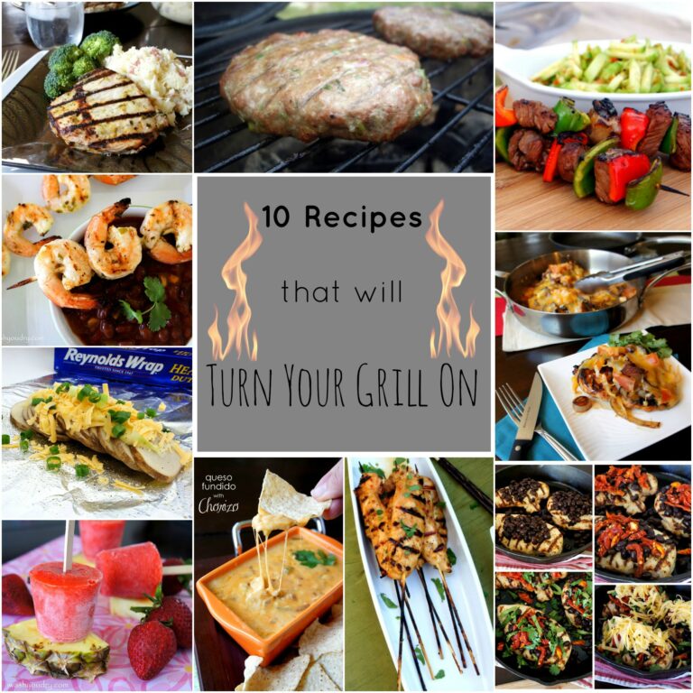 A grid of pictures  and in the middle it says "10 Recipes that will turn your grill on"