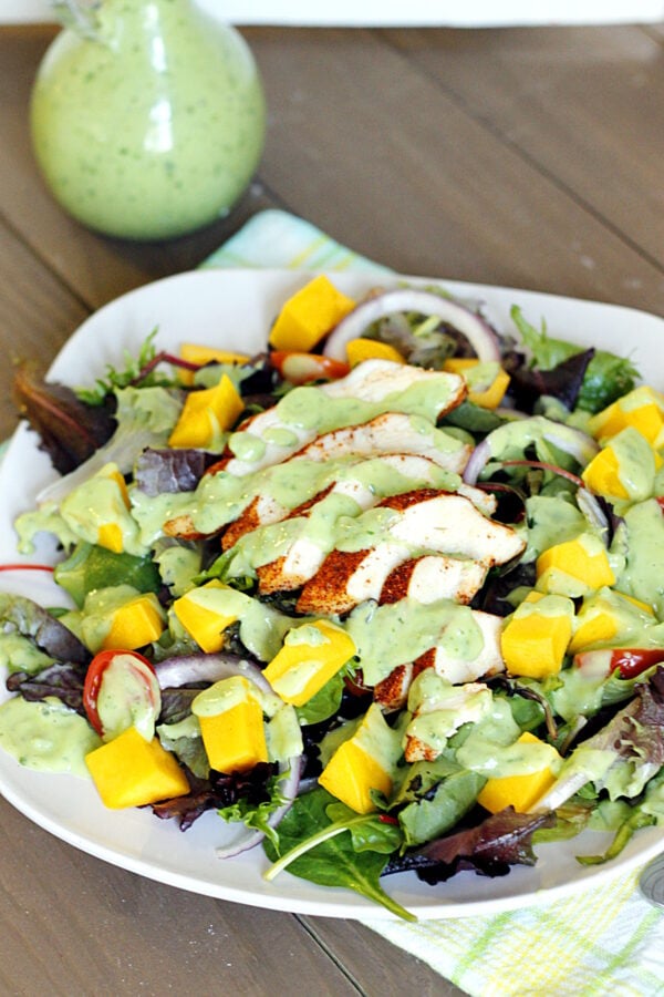 Blackened Chicken and Mango Salad with Creamy Avocado Dressing