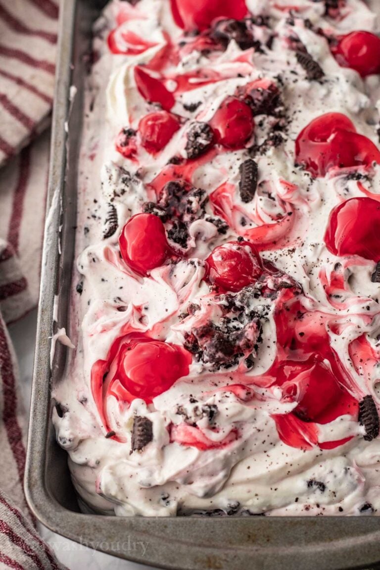 Chocolate cherry cheesecake ice cream in metal pan.