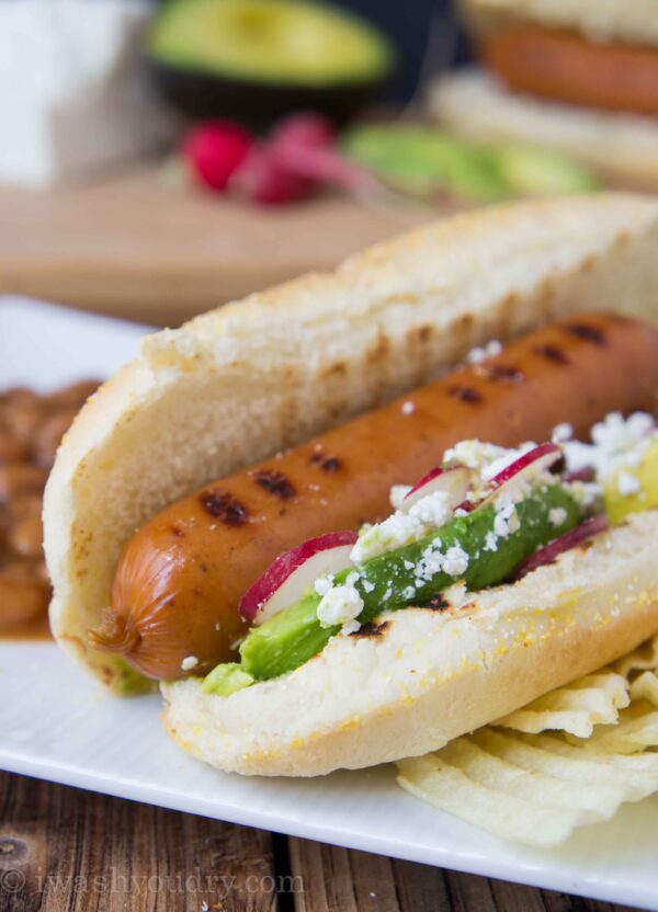 Avocado, Radish & Goat Cheese topped Polish Sausage