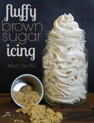 A jar of whipped frosting titled, "Fluffy Brown Sugar Icing"