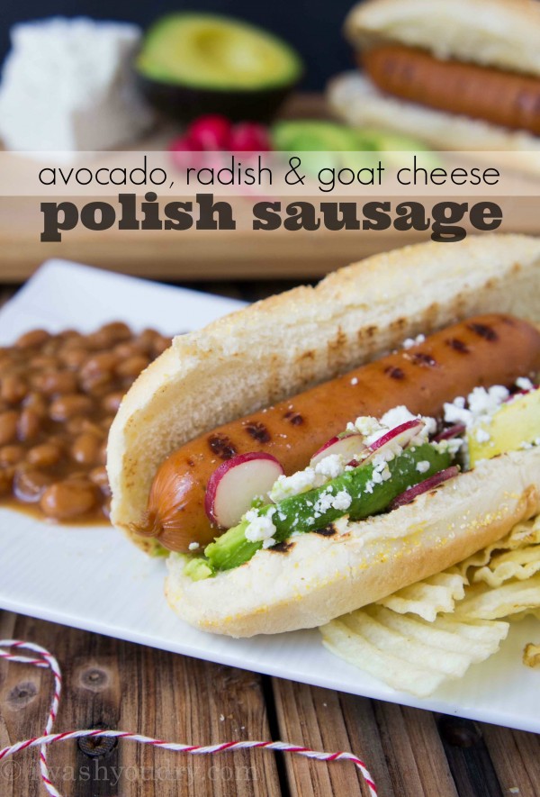 Avocado, Radish & Goat Cheese topped Polish Sausage