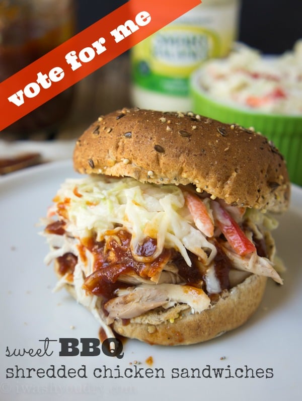 Sweet BBQ Shredded Chicken Sandwiches! Vote for this recipe by @iwashyoudry here: https://www.facebook.com/smartbalance/app_209700709180942