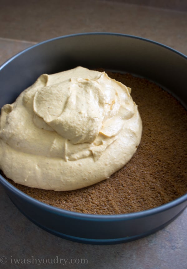 A close up of cheesecake batter on top of a crust in a pan