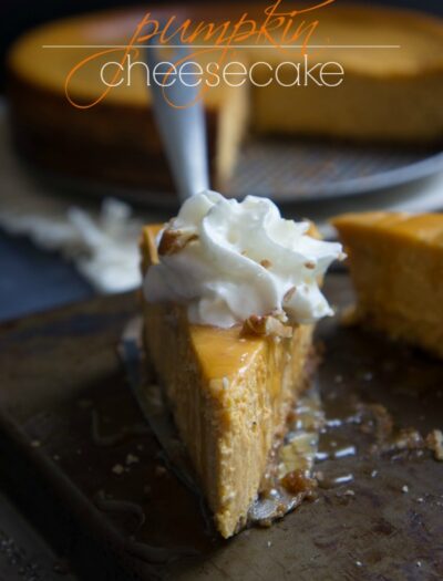 Pumpkin Cheesecake with a Gingersnap Pecan crust and drizzled with salted caramel sauce!