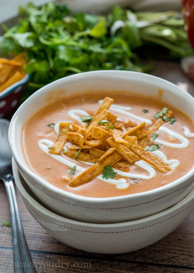 This Cheesy Chicken Enchilada Soup is so good! My whole family LOVED this super simple dinner recipe!