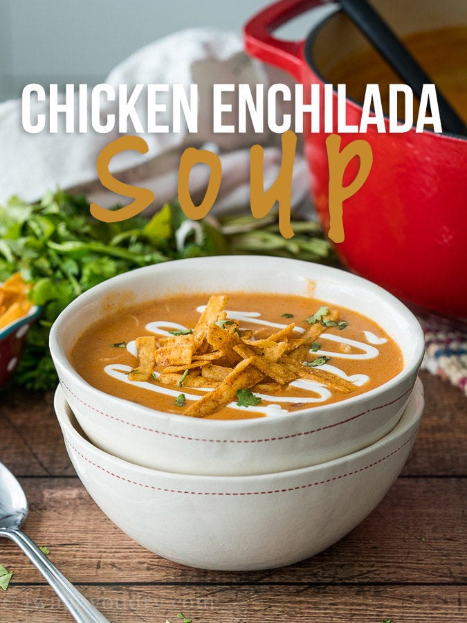 This Cheesy Chicken Enchilada Soup is so good! My whole family LOVED this super simple dinner recipe!