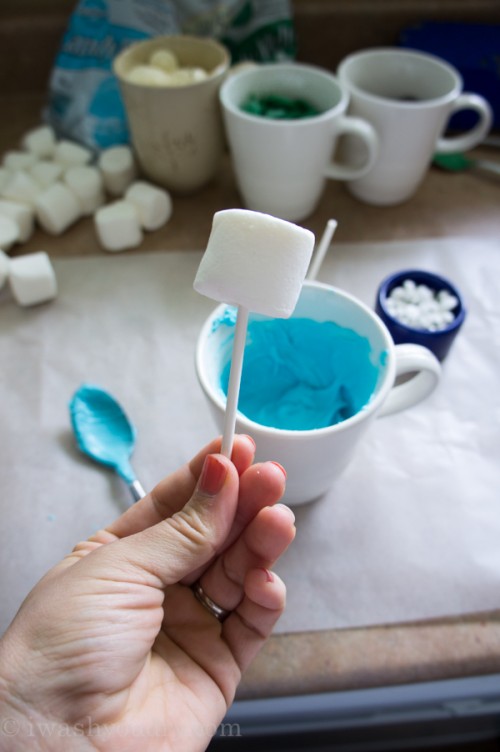 A close up of a plain marshmallow on a sucker stick in front of decorating ingredients