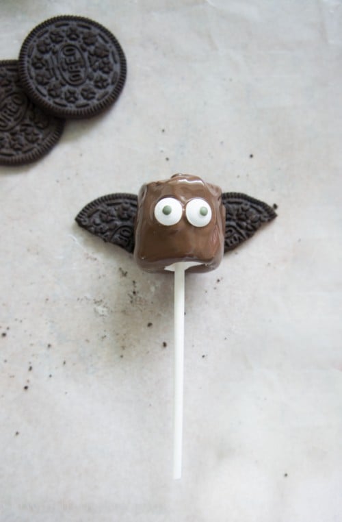 A chocolate dipped marshmallow pop designed to look like a bat with Oreo bat wings and candied eyes