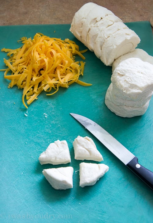 A display of raw dough and shredded cheese and how to make Cheesy Monkey Bread Rolls