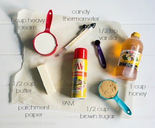 A display of ingredients laid out to make Honey Salted Caramels