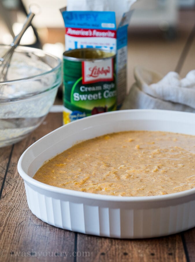 The base of the casserole is made with a corn muffin mix and creamed corn. So easy and delicious!