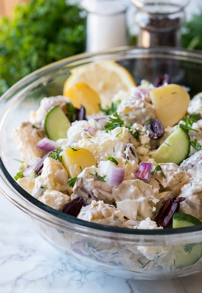 This Creamy Greek Potato Salad is a deliciously bright and fresh twist to a classic potato salad recipe!