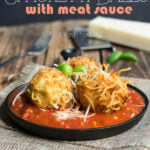 Spaghetti Balls with Meat Sauce! Spaghetti is combined with a cheesy mixture then formed into balls and fried until golden brown, then placed on top of a rich and hearty meat sauce.