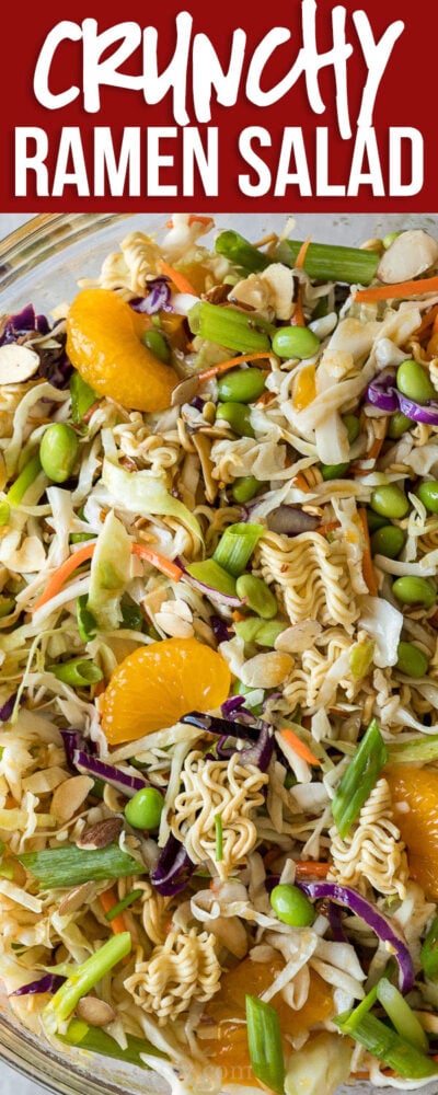 This Classic Asian Ramen Salad is a quick and easy salad to bring to parties and potlucks. Filled with crunchy ramen noodles and a sweet ginger dressing!