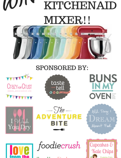 Colorful mixers lined up with the text "Win a 5Qt Kitchenaid Mixer!!" above them and a list of giveaway sponsors on the bottom