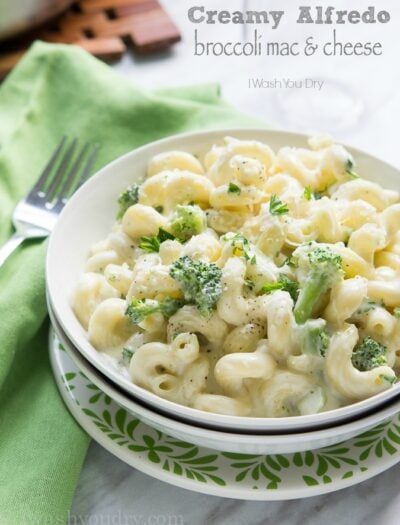 This Creamy Alfredo Broccoli Mac and Cheese is a quick 20 minute dinner recipe that's perfect for an easy weeknight meal! The whole family loves this one!