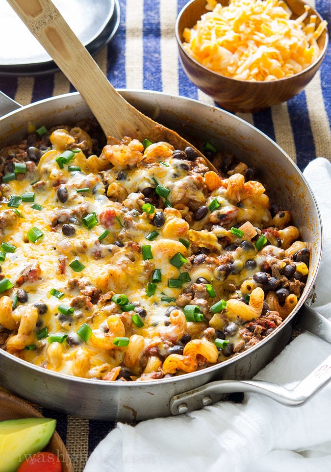 This Chili Pasta Skillet Dinner is made with ground beef and is perfect for any night of the week!