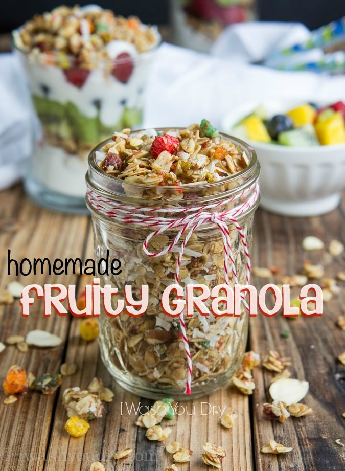 Homemade Fruity Granola made with coconut oil, honey and little bits of shredded coconut, sliced almonds and a pop of fruity flavor from Trix! 