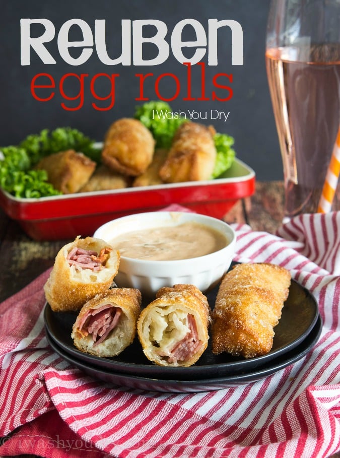 Reuben Egg Rolls are filled with corned beef, swiss cheese and sauerkraut, then served with a side of thousand island dressing! Ridiculously good! 