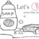A sketch of a soap bottle and a bar of soap with "Let's Chat over the soap suds" written above them