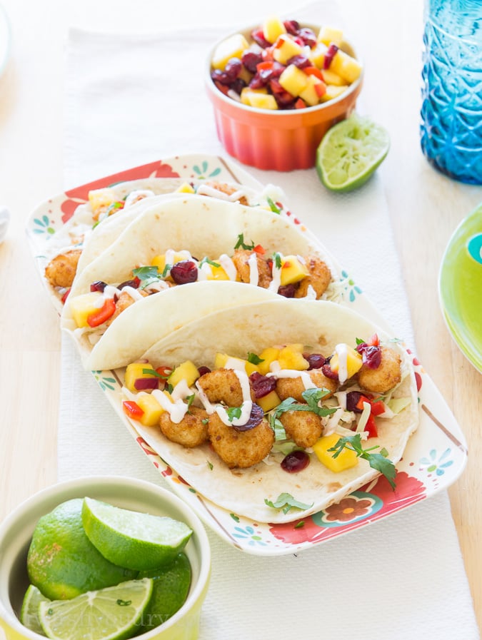 Crispy Shrimp Tacos with a Mango-Cranberry Salsa