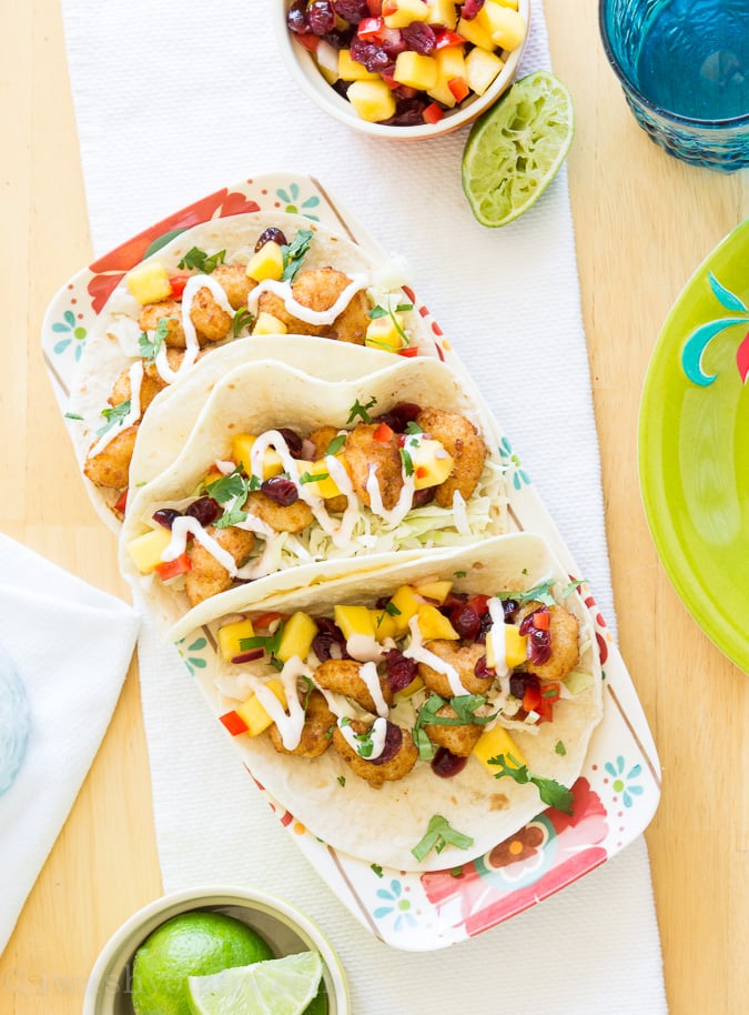 Crispy Shrimp Tacos with a Mango-Cranberry Salsa