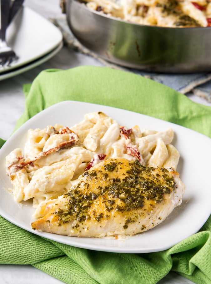 Basil Pesto Chicken with Alfredo Penne and Sun Dried Tomatoes