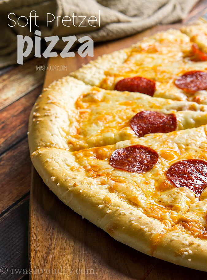 Pretzel Pizza!! The crust is made of soft pretzel dough, and then it's topped with nacho cheese sauce and the classic pepperoni and cheese toppings. It's out of this world!