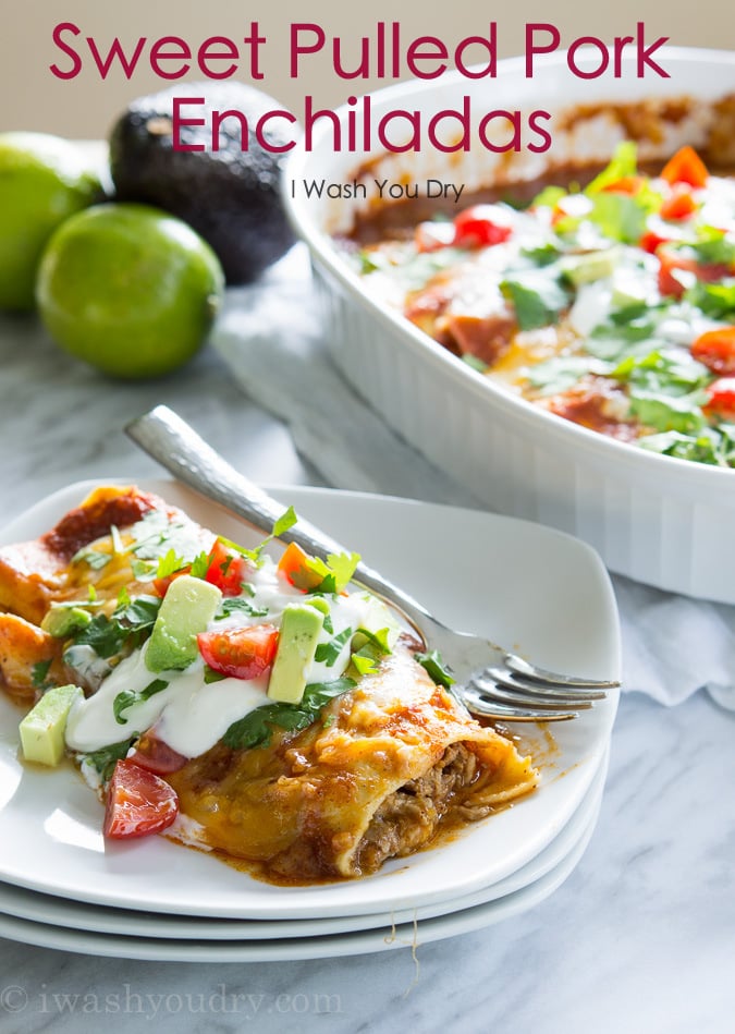 Sweet Pulled Pork Enchiladas with homemade enchilada sauce… these are to die for!! 