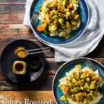 Curry Roasted Chicken and Brussel Sprouts over a creamy parsnip mash and topped with a creamy yellow curry sauce. A #lowcarb easy dinner that comes together in minutes!