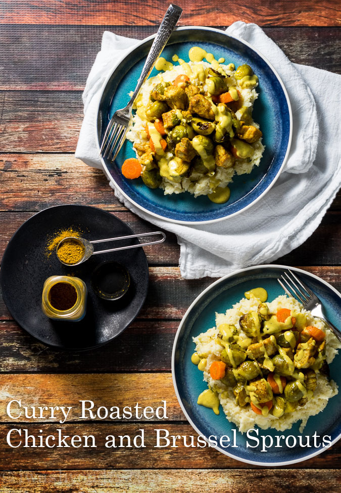 Curry Roasted Chicken and Brussel Sprouts over a creamy parsnip mash and topped with a creamy yellow curry sauce. A #lowcarb easy dinner that comes together in minutes! 