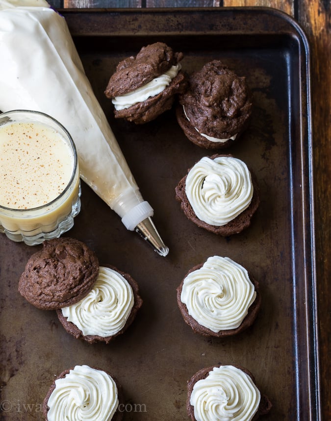 Double Chocolate Chip cookies with an Eggnog Buttercream Frosting in between! 
