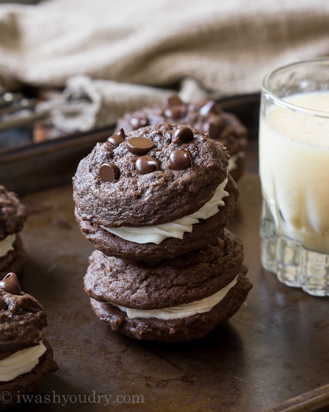 Double Chocolate Chip cookies with an Eggnog Buttercream Frosting in between! 