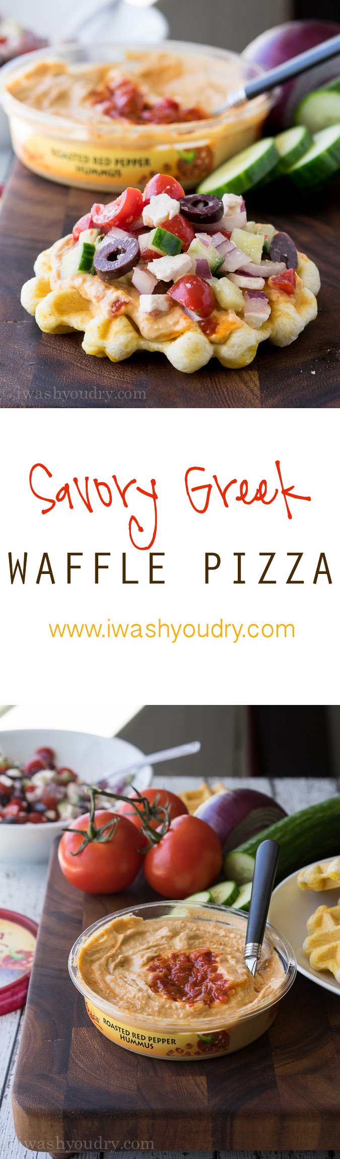 Such a fun and easy lunch or appetizer! Savory Greek Waffle Pizzas with hummus!